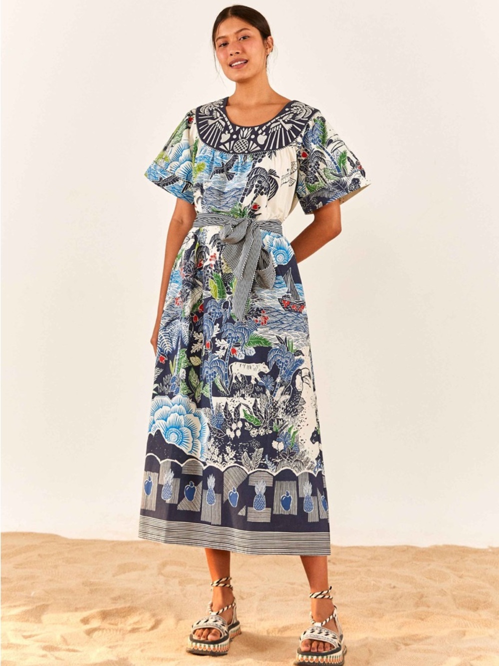 Farm Rio Bohemian Tropical Floral Maxi Dress in Navy and White, Size M-L